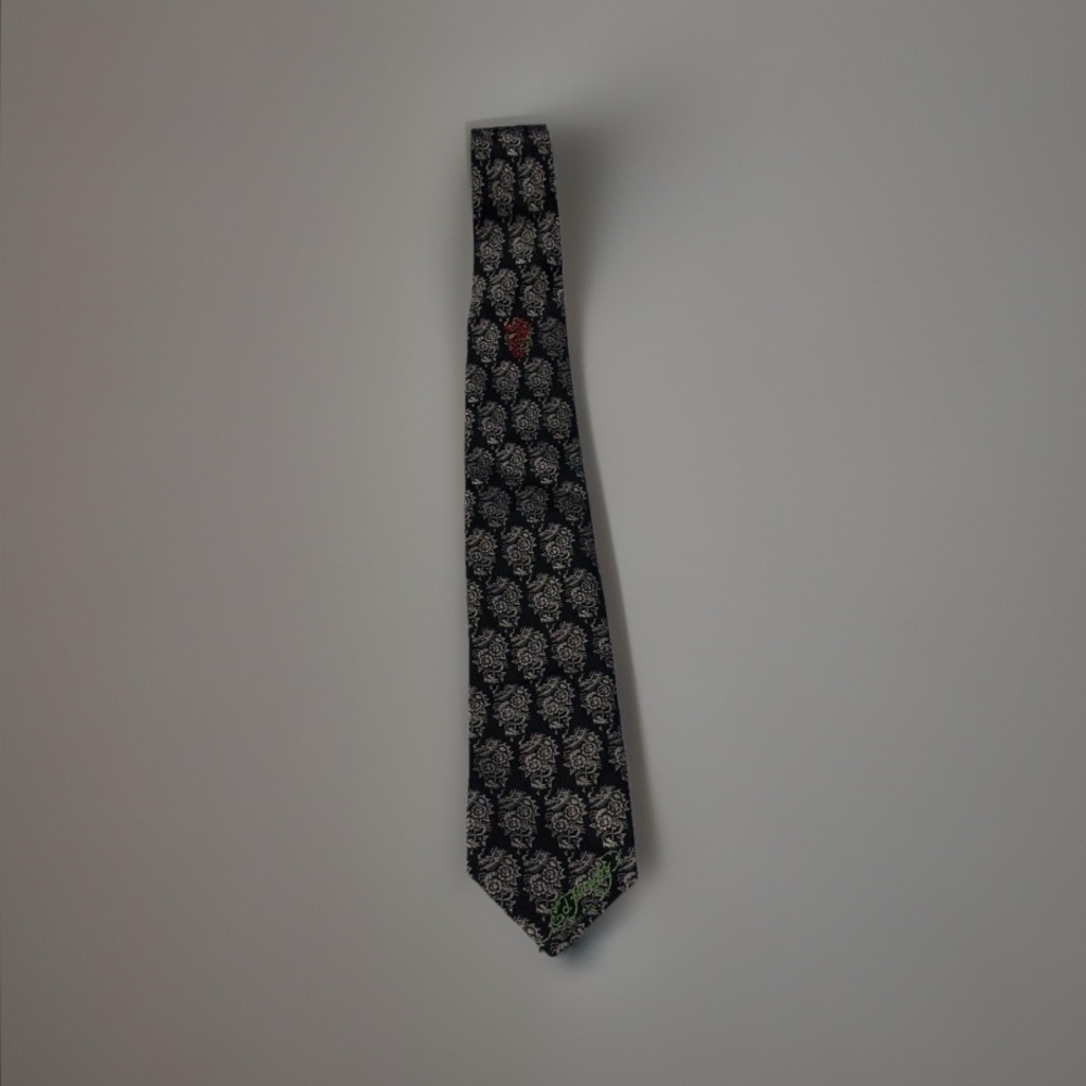 Vintage  Ed Hardy Christian Audigier Silk Tie Red Rhinestone Cobra Pattern Mens